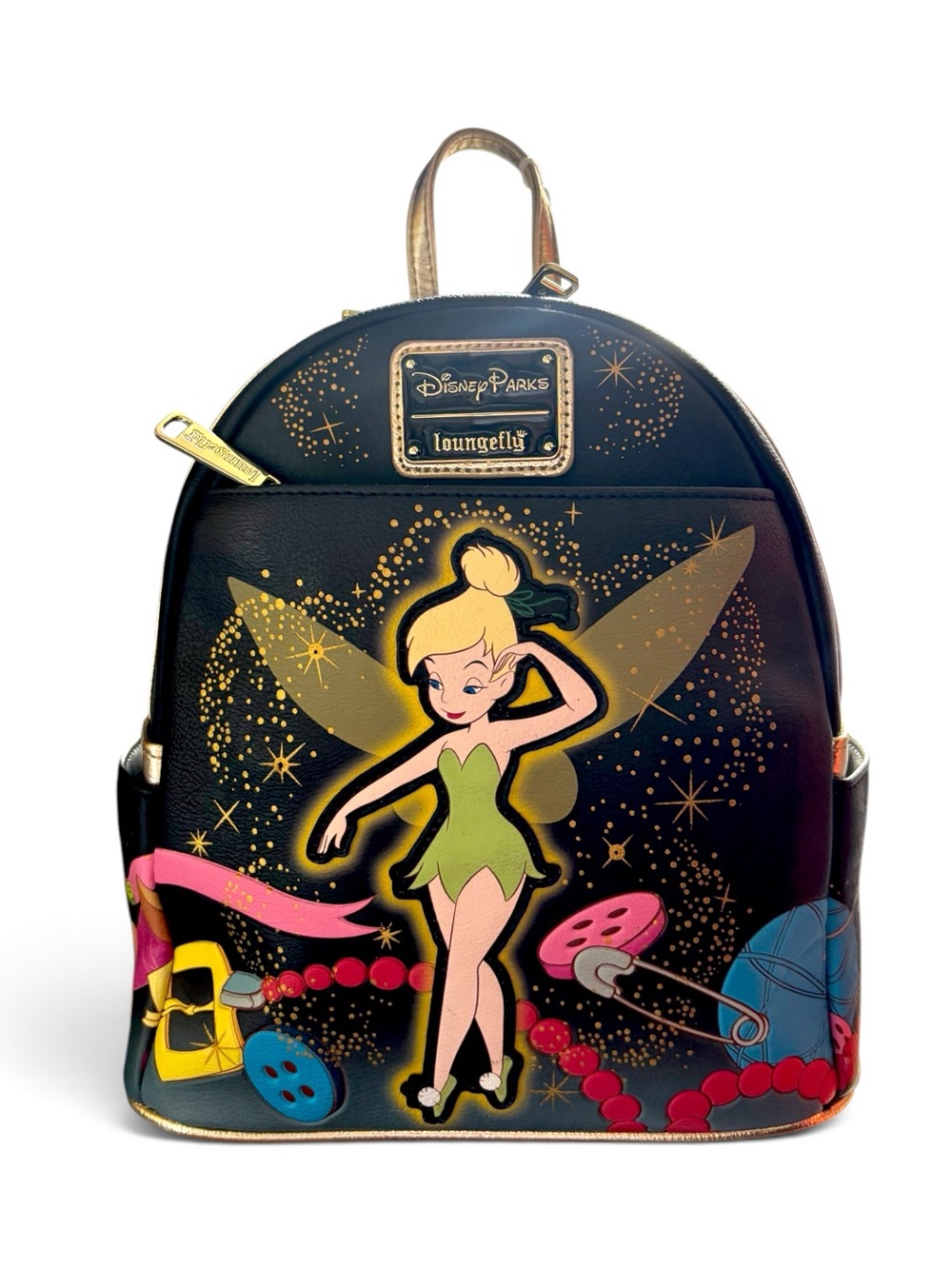 Disney Tinker Bell Black Backpack with Green, Gold, Pink and Blue Accents